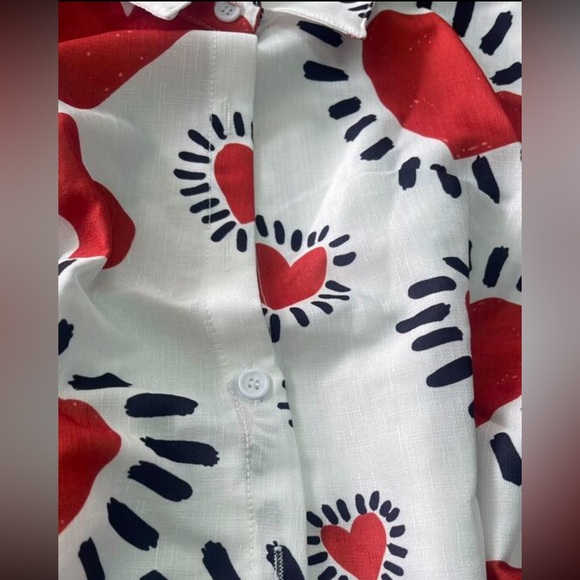 Boho Heart Print Button Down Up Shirt Top Blouse - Picture 9 of 11